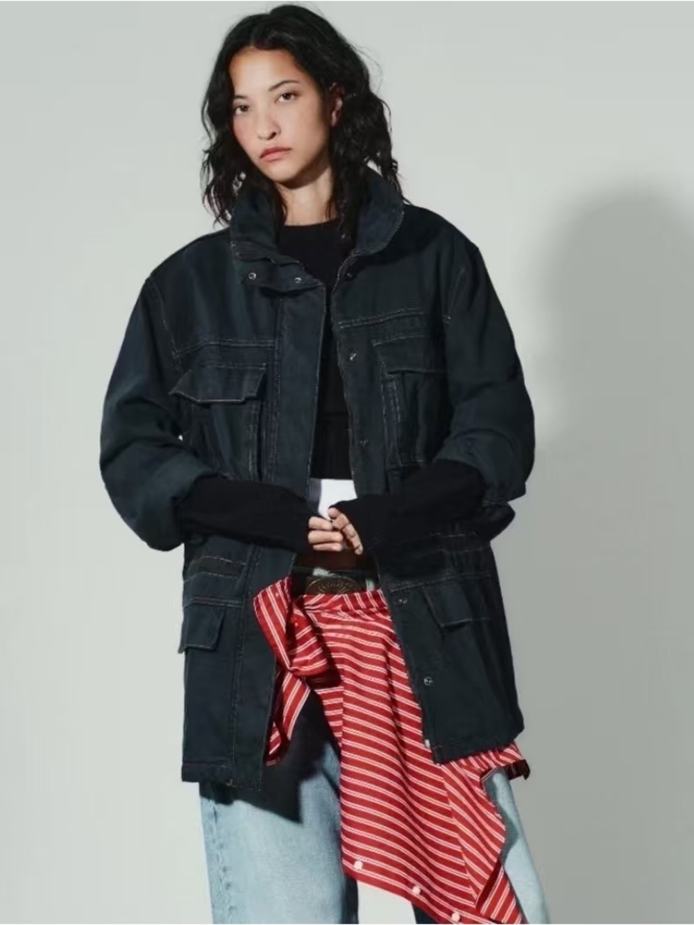 Zara topstitching pocket denim utility jacket adjustable strap